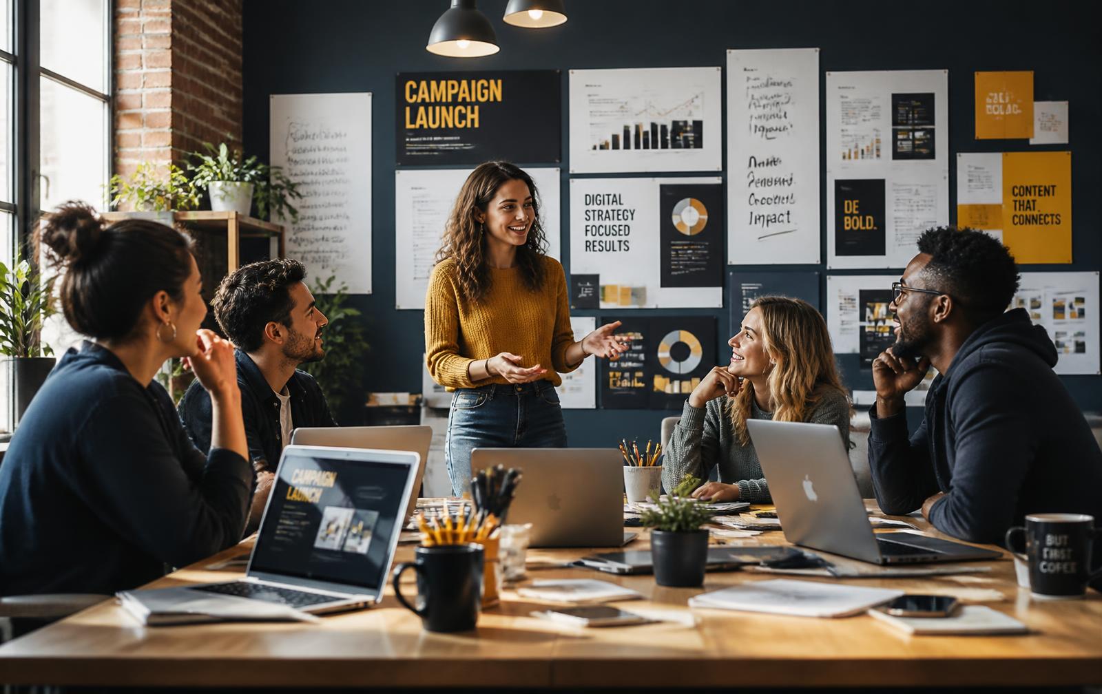 Marketing team reviewing campaign performance together
